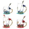 1pc Rose Enamel Crystal Tea Cup; Coffee Mug; Tumbler Butterfly Rose Painted Flower Water Cups; Clear Glass With Spoon Set