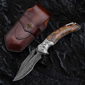 Outdoor Survival Camping Damascus Steel Folding Knife (Option: Knife with leather case)